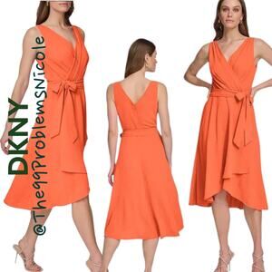 DKNY Orange Fit & Flare Midi Dress with Belt